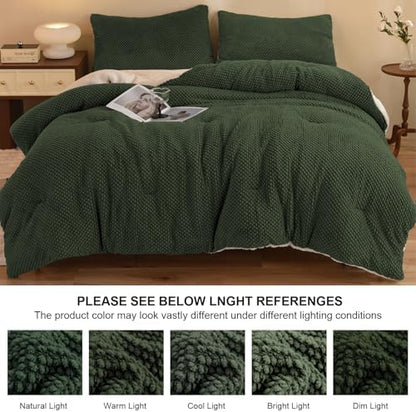 LLanCL 3D Jacquard Design Comforter Set, Ultra-Soft Warm Twin Size Sherpa Fur Plush 2-Pieces Sets Luxury Cozy Bedding with 1 Pillowcase (68"x90", Dark Green)