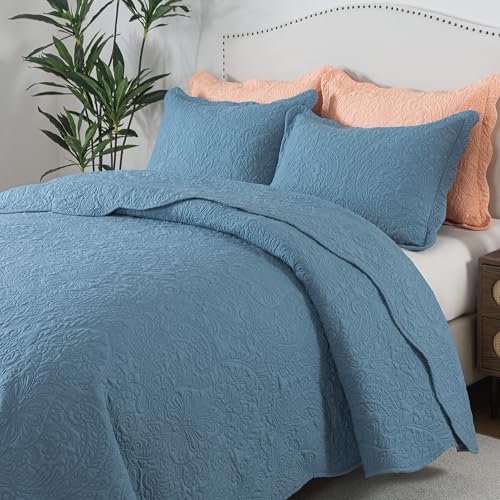 HoneiLife Queen Quilt Bedding Sets - Lightweight Bedspreads 3-Piece, Microfiber Quilt Sets Reversible Coverlets Rustic Bed Cover Damask Pattern Bedding Sets All Season Use