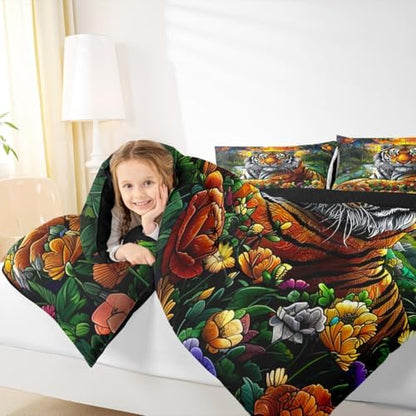 Tiger Kids Comforter Set Twin Size,Sunflower Palm Leaf Botanical Tropical Jungle Bedding Set,Girls Boys Room Decor,Wildlife Animal Pine Rustic Quilt Comforter,Wild Chic Duvet Insert,1 Pillowcase