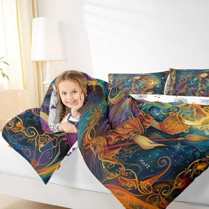 Magical Witch Kids Comforter Set King Size,Star Moon Starry Sky Galaxy Trippy Bedding Set,Girls Boys Room Decor,Happy Halloween Gothic Western Quilt Comforter,Colorful Duvet Insert,2 Pillowcases