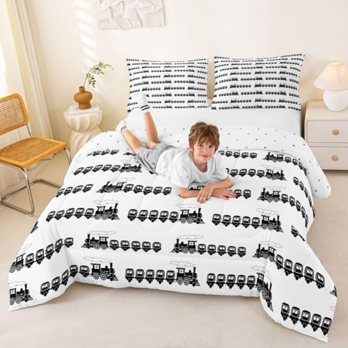 Feelyou Train Comforter Set King Size Retro Steam Locomotive Down Bedding Set for Kids Boys Girls Vintage Transportation Vehicles Duvet Quilt Bedroom Decor Microfiber 3 Pcs with 2 Pillow Cases