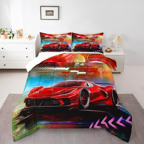 Feelyou Red Race Car Bedding Set - Queen Size Kids Boys Extreme Sports Car Comforter Set Decorations Teens Toddler Galaxy Planet Duvet Set Cool Modern Quilt Set 3Pcs