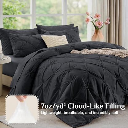JOLLYVOGUE California King Comforter Set 7 Pieces - Bed in a Bag Cal King for All Season, Pintuck Bedding Comforter Sets with Comforter, Flat Sheet, Fitted Sheet and Pillowcases & Shams, Dark Grey