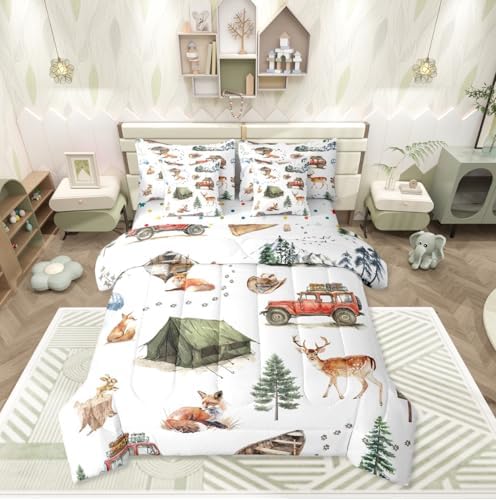 Erosebridal Wild Animal 7 Piece Comforter Set Full Happy Camping Bed in A Bag Fox Deer Wildlife Woodland Animals Bedding Sets for Boys Girls Camper Car Western Cowboy Sheet Set with Comforter