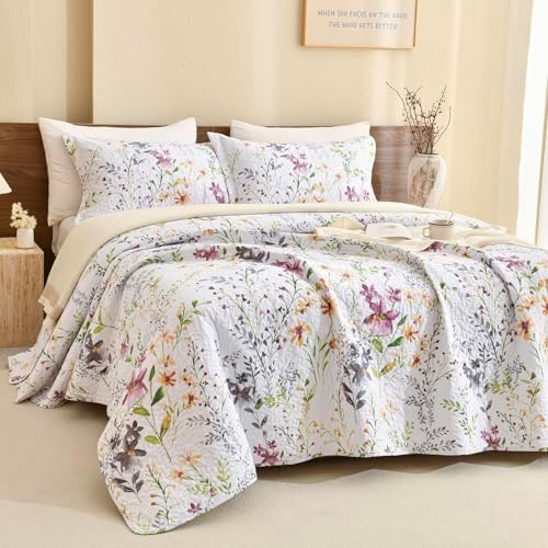 Lady Ann 100% Cotton Quilt Sets Queen, Yellow Flower Botanical Pattern Printed Quilted 102x118 Bedspread Set,Vintage Coverlet Ultra Soft Bedspread Set with Pillow Shams All Season,3 PCS
