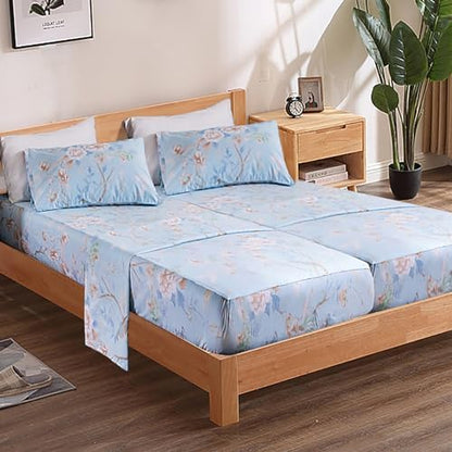 QSH 100% Cotton Floral Sheets for Split King Size Bed, Blue Flowers Plant Pattern Botanical Luxury Cotton Printed Floral Bedding Split King Sheet with Deep Pockets 17" Soft and Breathable 5pcs