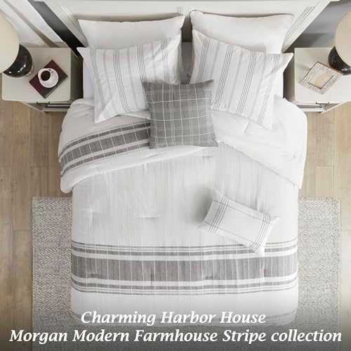 Harbor House Queen Comforter Set, Stripes Clipped Jacquard, Soft Cotton Oversized Comforter for a Queen-Size Bed, Farmhouse Bedding, 2 Shams, Bedskirt, 2 Décor Pillows, Morgan, Queen White/Grey