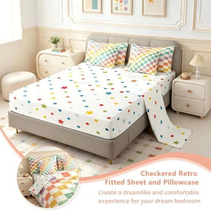 Feelyou Multicolored Checkered Retro 7 Piece Bedding Set Kids Boys Geometric Vintage Comforter Set with Sheets King Size Green Yellow Colorful Bed in a Bag Modern Simple Groovy Aesthetic Room Decor
