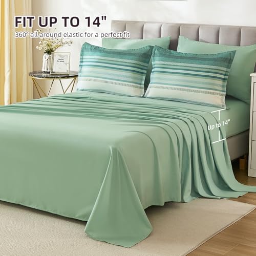 Dobuyly Comforter Set Queen Size 7 Piece, Boho Striped Sage Green Bed in a Bag Queen Soft Microfiber Bedding Sets with Comforter, Sheets, Pillowcases & Shams All Season