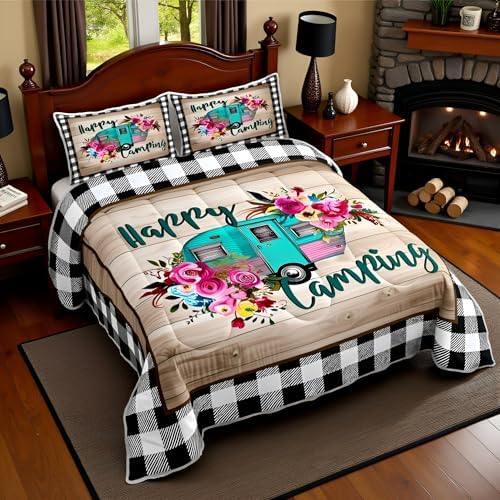 Manfei RV Happy Travelling Comforter Set Full,Camper Adventure Car Bedding Set 3pcs for Kids Teens Adults Trailer Decor,Wooden Plaid Vintage Quilt Set,Farmhouse Duvet Insert with 2 Pillowcases