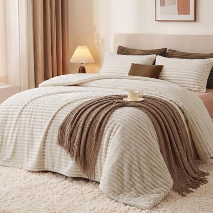 HYLEORY Fluffy King Comforter Set 3 Pieces - Fleece Fluffy Soft & Warm Plush Linen Comforter Sets, Luxury Fuzzy Bedding Sets, All Season Heavy Bed Set Twin Size with 2 Pillowcases