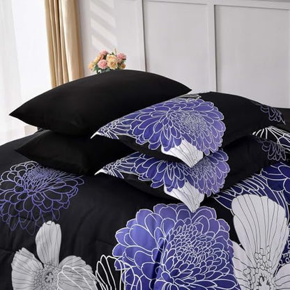 Yiran Floral Comforter Set Queen 7 Pieces Bed in a Bag Purple White Black Flower Comforter Soft Microfiber Bedding Sets for All Seasons 90"×90"