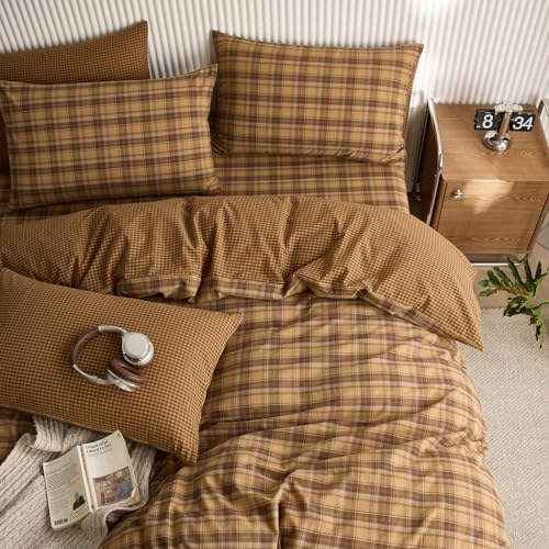 LifeTB Vintage Buffalo Plaid Duvet Cover Queen Size, Soft 100% Washed Cotton Gingham Bedding Set with Mustard Yellow&Brown Grid, Breathable Farmhouse Gingham Duvet Cover with 2 Pillowcases