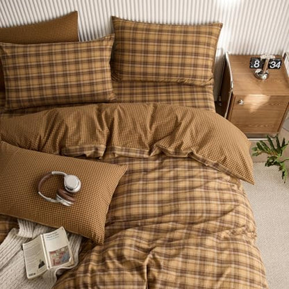 Vintage Mustard Yellow Plaid Duvet Cover Set King, 3 Piece Washed Cotton Bedding Set with Yellow& Brown Grid Pattern, Retro Plaid Checkered Comforter Cover Soft Breathable Gingham Duvet Cover King