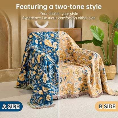 VANJOROY Boho Throw Blanket, 100% Organic Cotton Breathable Ultra Soft 60" x 80" Bed Quilt Blue Throw - All Season Bird Floral Rustic Farmhouse Decor Reversible Blanket for Couch Chair and Gift