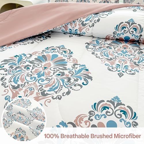 lasoftan Floral Queen Comforter Set with Sheets, 7 piece Luxury Vintage Bedding, Soft Microfiber Bed in a Bag, Cozy Lightweight Bed Set, Damask Boho Flower