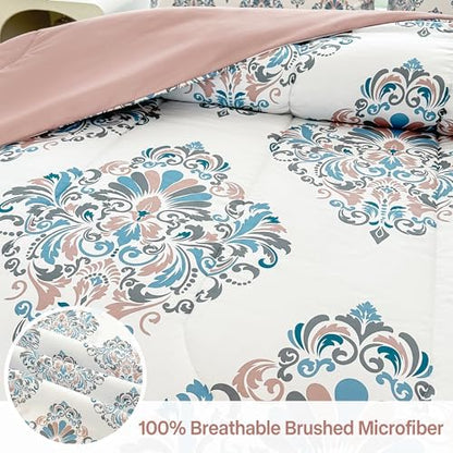 lasoftan Floral Queen Comforter Set with Sheets, 7 piece Luxury Vintage Bedding, Soft Microfiber Bed in a Bag, Cozy Lightweight Bed Set, Damask Boho Flower