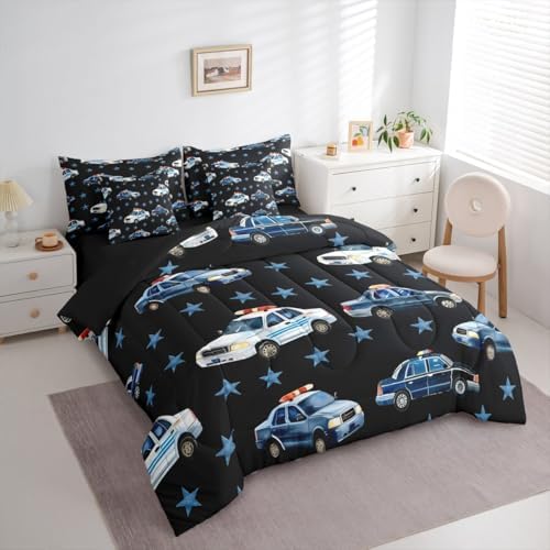 Erosebridal Police Car King Bed in A Bag for Boys, Cartoon Car Comforter Set with Sheets for Kids Teens Youth Men Bedroom, Policeman Vehicle 7 Pieces Bedding Set, Star Black Bed Sets, Microfiber