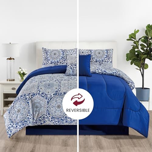 LUX Décor Reversible 5pc Queen Comforter Set, Printed Bedding Set, All-in-One Bed in a Bag, Includes 1 Comforter, 2 Pillow Shams, 1 Decorative Pillow & 1 Bed Skirt (Aztec Blue,Queen)