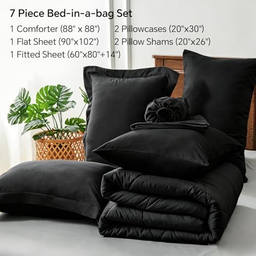 BEDELITE Queen Comforter Set 7 Pieces, Solid Black Bed in A Bag