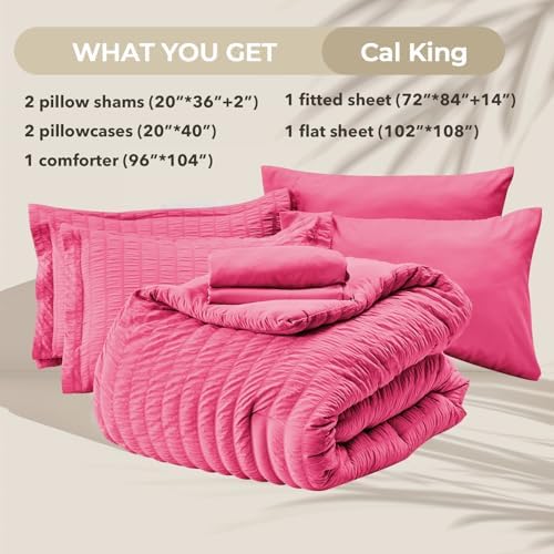 HYMOKEGE Hot Pink California King Comforter Set Seersucker 7 Pieces, All Season Luxury Bed in a Bag for Bedroom, Bedding Set with Comforter, Sheets, Pillowcases & Shams