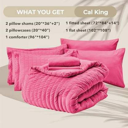HYMOKEGE Hot Pink California King Comforter Set Seersucker 7 Pieces, All Season Luxury Bed in a Bag for Bedroom, Bedding Set with Comforter, Sheets, Pillowcases & Shams