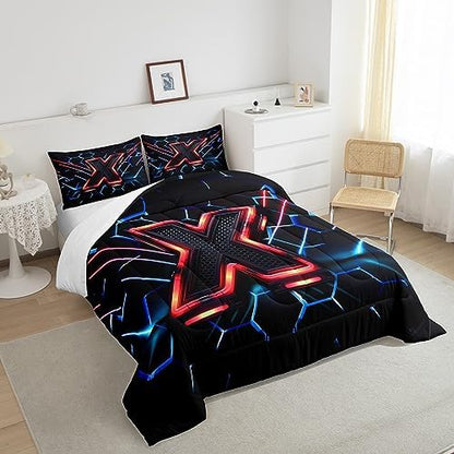 Manfei Geometric Honeycomb Kids Comforter Set King Size,Blue Neon Hexagon Abstract Bedding Set for Boys Girls Man Room Decor,Light Gaming Fashion Down Comforter,Red Black Duvet Insert,2 Pillowcases