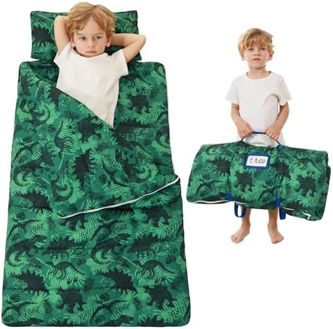 Toddler Nap Mat for Preschool 50''x30'' Sleeping Mat with Removable Pillow and Minky Blanket for Kids Ages 3-7 Roll Up Soft Sleeping Bag for Boys Girls Kindergarten Daycare Sleepover
