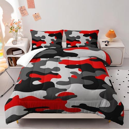 Nttopship Red Camo Comforter Set for Girls Men，Twin Size Red Camouflage Bedding Sets for Kids Boys,Ultra Soft Lightweight Bedding Sets，Kids Room Decor with 1 Comforter with 2 Pillow Case