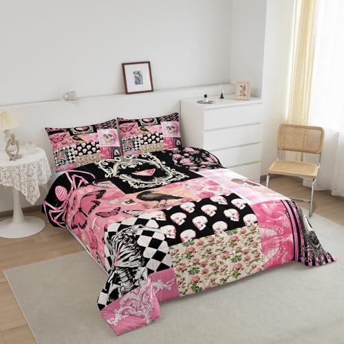 Halloween Crow Comforter Set Twin Size,Suger Skull Rose Flowers Spider Print Bedding Set,Patchwork Pink Black Grid Striped Quilt Set,Gothic Boho Duvet Insert Kids Girls Teens Halloween Decor