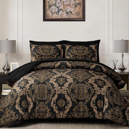 WONGS BEDDING Black Comforter Set California King Size, Gold Damask 7 Pieces Bed in a Bag Microfiber Comforter Bedding Sets -1 Comforter, 1 Flat Sheet, 1 Fitted Sheet, 2 Pillow Shams, 2 Pillowcases