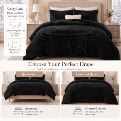 CozyLux Fleece Oversized Queen Comforter Sets, 3 Piece Warm Black Bedding
