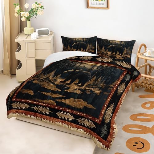 Black Bear Comforter Set Twin Size for Kids Boys,Rustic Comforter Set,Cabin Woodland Forest Animals Hunting Bedding Set,Soft Microfiber Wildlife Quilt Set