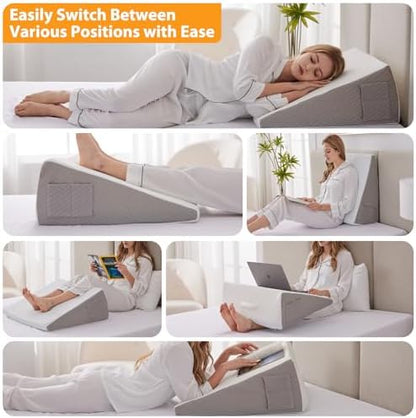 Ruqmuis Wedge Pillow for Sleeping, 12" Bed Wedge Pillow for Headboard, Triangle Incline Wedges for Acid Reflux, Pillows Wedge for Back Pain Relief, Elevated Leg Pillows After Surgery, Snoring, White