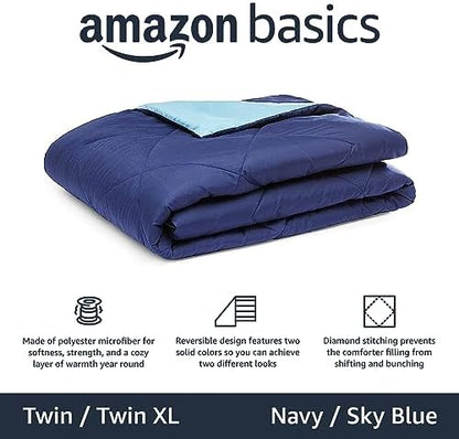 Amazon Basics Washable Comforter Blanket, Reversible Lightweight Microfiber All Season, Twin/Twin XL, Navy/Sky Blue