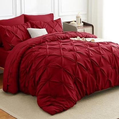 HIMEET Queen Comforter Set Deep Red - 7 Pieces Pintuck Bed in a Bag