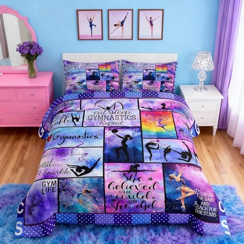 Manfei Gymnastics Comforter Set Full Size Gymnastics Lovers Bedding Set 3pcs for Gymnast Girls Teens Room Decor, Geometric Checkered Print Quilt Set Luxury Girly Duvet Set with 2 Pillowcases