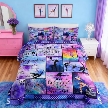 Manfei Gymnastics Comforter Set Queen Size Gymnastics Lovers Bedding Set 3pcs for Gymnast Girls Teens Room Decor, Geometric Checkered Print Quilt Set Luxury Girly Duvet Set with 2 Pillowcases