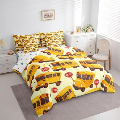 Erosebridal School Bus King Bed in A Bag for Kids, Cartoon Truck Comforter Set with Sheets for Boys Girls Teens Youth Bedroom Decor, School Theme 7 Pcs Bedding Set, Yellow Vehicle Bed Sets