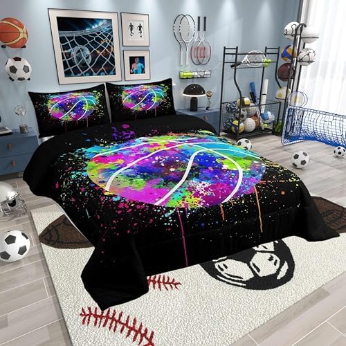 Basketball Comforter Set Queen Size,Watercolor Tie-dye Bedding Set Kids Young Man,Color Graffiti Hip Hop Style Comforter for Teen Child Room Decor,Sport Gaming Quilted Duvet Set with 2 Pillowcase