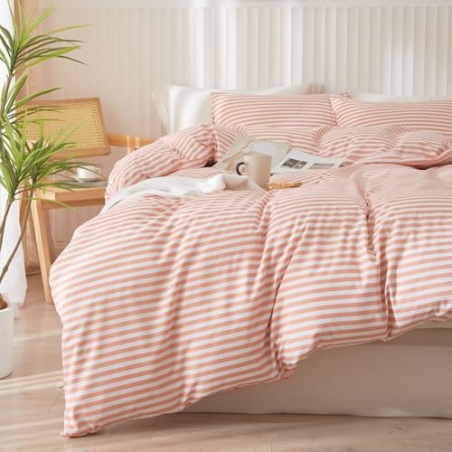 Striped Comforter Set Queen Size Fluffy Soft Striped Bedding Comforter Pink White Stripes Pattern Queen Comforter for All Season Lightweight Bedding Comforter 3 Pieces Boho Stripe Comforter Set