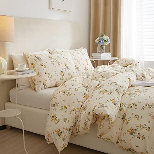 VM VOUGEMARKET Yellow Floral Duvet Cover Queen 3 Pieces Cotton Girls Cottagecore Bedding Set,Rose Flower Comforter Cover with Zipper Closure,Vintage Country Bedding 90x90