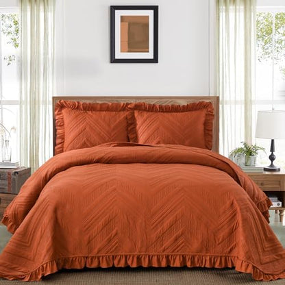 DJY Fall Queen Quilt Bedding Set, Burnt Orange Ruffled Bedspread Coverlet