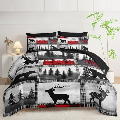 7 Piece Wildlife Bear Deer King Set Comforter，Rustic Cabin King Size Bedding Sets Comforter and Sheets