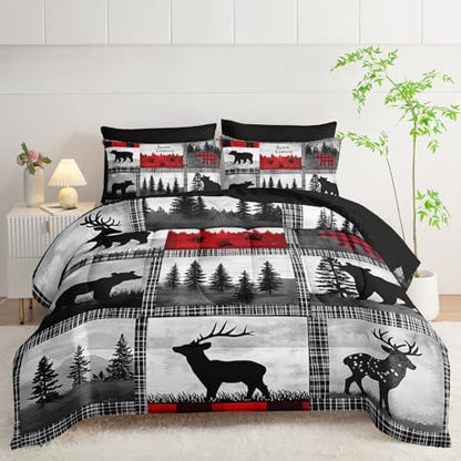 7 Piece Wildlife Bear Deer King Set Comforter，Rustic Cabin King Size Bedding Sets Comforter and Sheets