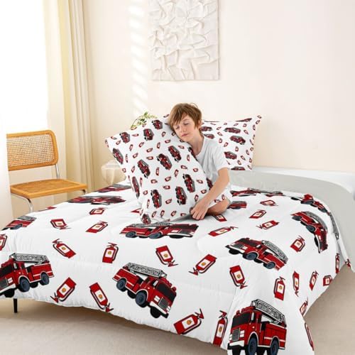 Feelyou Fire Truck Comforter Set Full Size Firefighter Bedding Set for Kids Boys Girls Emergency Vehicles Duvet Quilt Bedroom Decor Microfiber 3 Pcs with 2 Pillow Cases