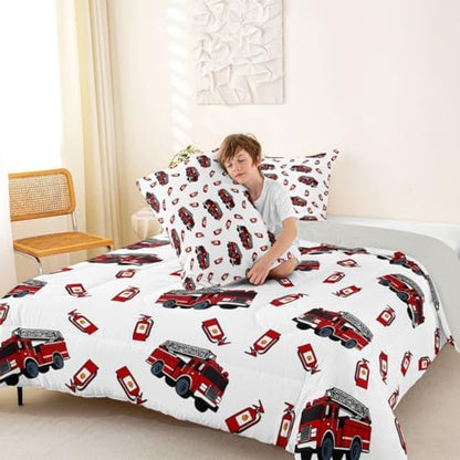 Feelyou Fire Truck Comforter Set Full Size Firefighter Bedding Set for Kids Boys Girls Emergency Vehicles Duvet Quilt Bedroom Decor Microfiber 3 Pcs with 2 Pillow Cases