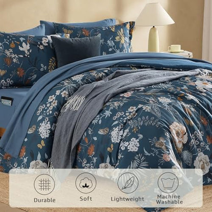 King Size Comforter Set- 7 Pieces Blue Floral Bed in a Bag King Bedding Set