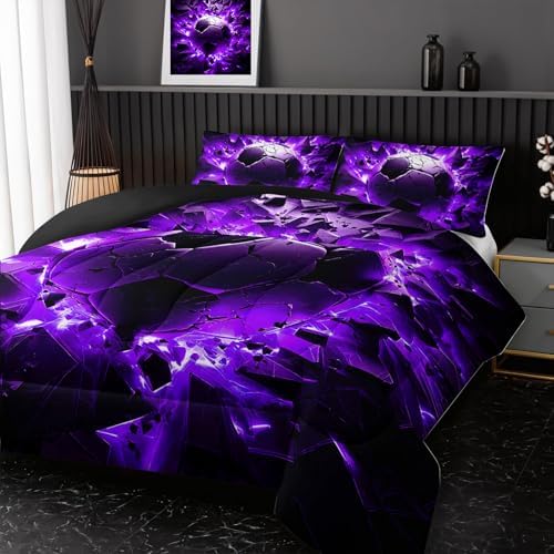 Nttopship Soccer Bedding Comforter Set Queen Size for Kids Teens and Adults, Purple and Black Football Printed Bedding Sets 3 PCS,Ball Sports Themed Bedroom Decor with 1 Comforter and 2 Pillowcases