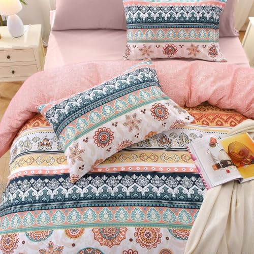 MUXHOMO Oversized Queen Comforter Set, Boho Elegant Floral Print Bed in a Bag 7 Pieces, Ultra Soft & Breathable Reversible Botanical Pattern Bedding Set with Comforter, Sheets, Pillowcases, and Shams